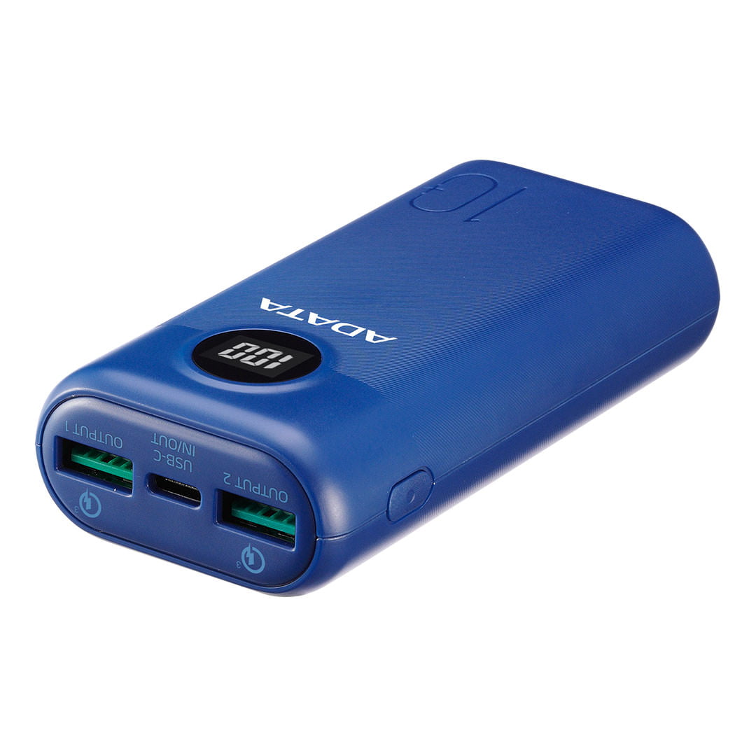 پاوربانک ای دیتا P10000QCD ظرفیت 10000 میلی‌ آمپر ساعت رنگ آبی از سمت راست