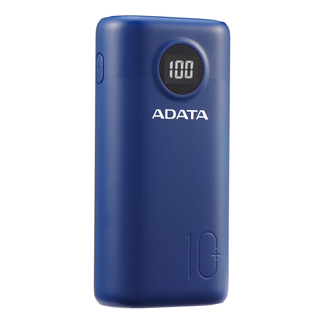 پاوربانک ای دیتا P10000QCD ظرفیت 10000 میلی‌ آمپر ساعت رنگ آبی از نمای سمت چپ